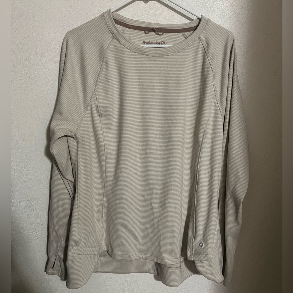 AVALANCHE Classic Striped Fleece Crewneck Sweatshirt Hi Low Tan White Womens 2XL